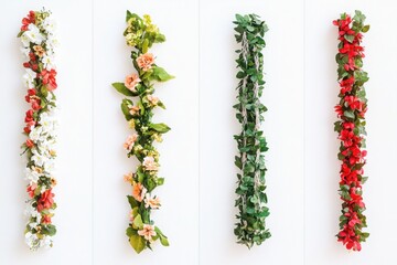 Flower garlands with colorful blooms in red, white, and peach tones combined with lush green foliage, ideal for festive decorations, cultural events, and decorative banners.


