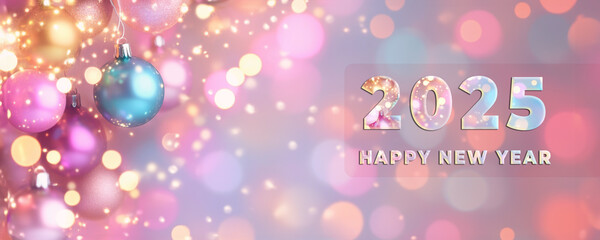 Happy New Year 2025 Banner with Colorful Christmas Ball Decoration in Bokeh Colorful Light Background.