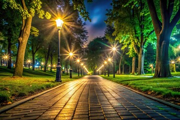 Obraz premium Low Light Park Pavement Photography: Night Scene, Urban Park, Dark Path, City Park, Evening Stroll, Concrete Texture, Streetlight Glimmer, Shadows, Nighttime Ambiance, Pavement Details