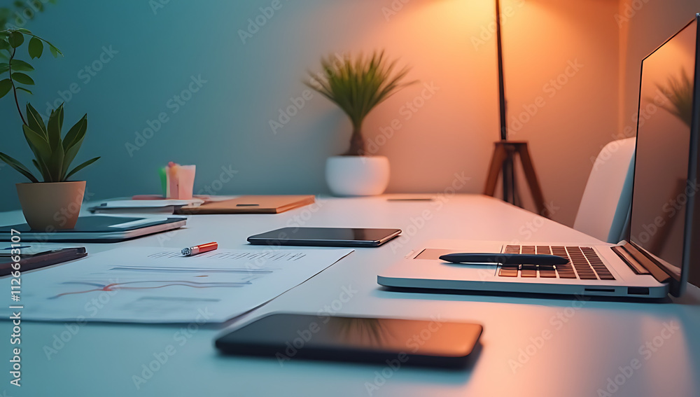 Poster Modern office setting featuring a desk table with a smartphone and various supplies against a colorful background._00001_