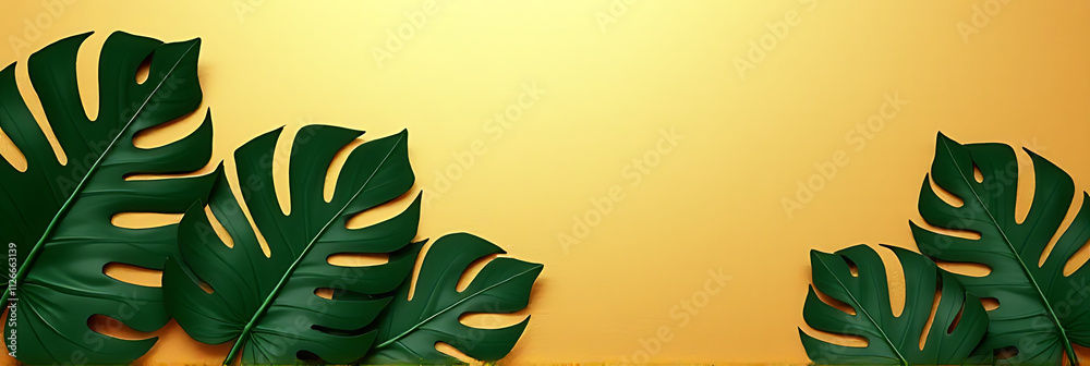 Aufkleber Monstera leaves are selectively focused against a gold colored background with subtle texture to create a unique design effect._00001_