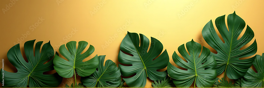 Poster Monstera leaves are selectively focused against a gold colored background with subtle texture to create a unique design effect._00002_