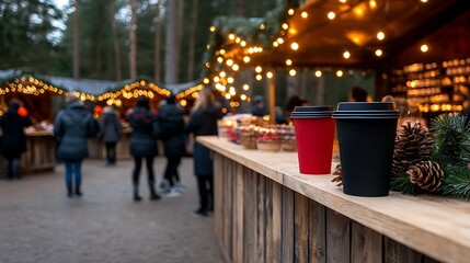 Naklejka premium Lively Christmas Market Scene Featuring Families Enjoying Festive Treats and Hot Beverages Amidst Twinkling Lights and Beautiful Decorations