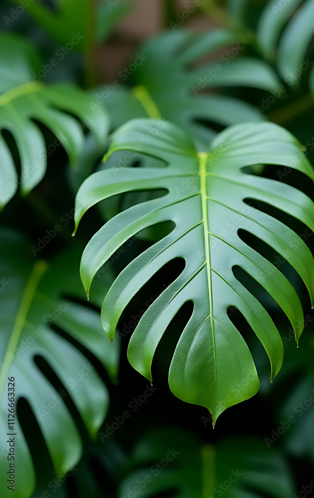 Poster monstera leaves with selective focus create a decorative background in a vibrant and visually appeal