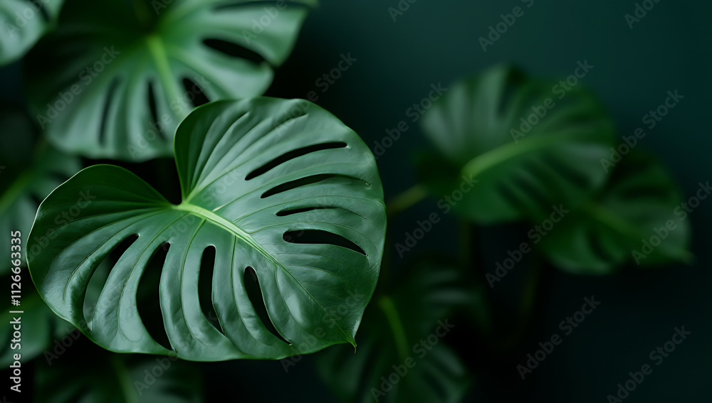 Poster monstera leaves with selective focus on dark colors create a visually appealing decorating compositi