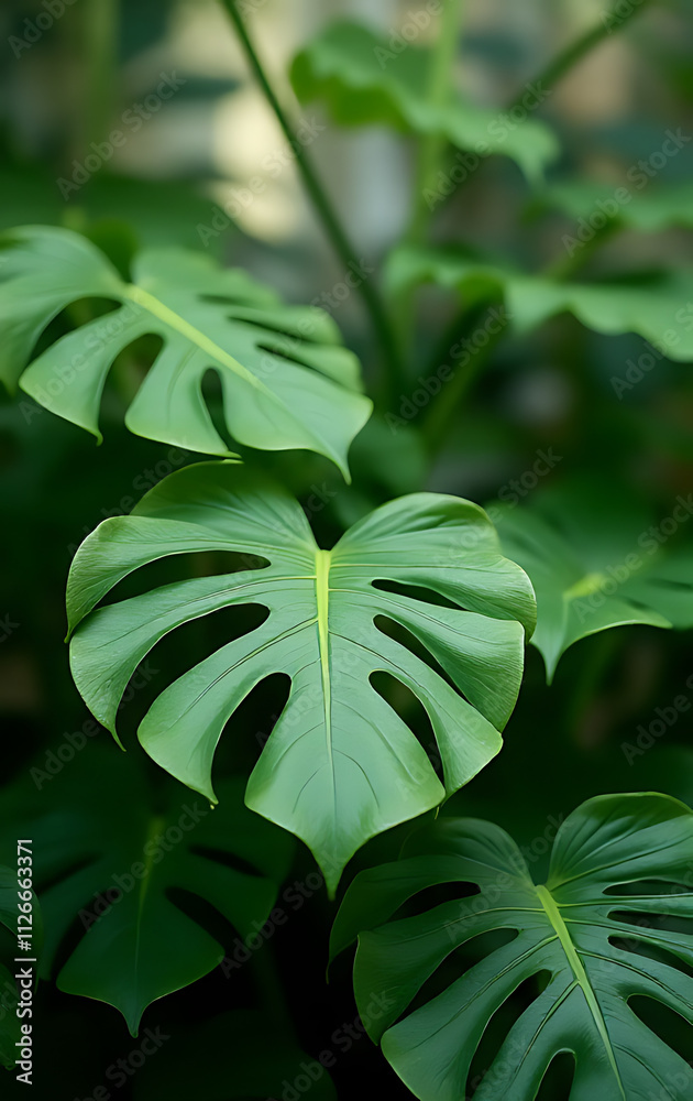 Poster Monstera leaves with selective focus create a decorative background in a vibrant and visually appealing composition design for decorations._00002_