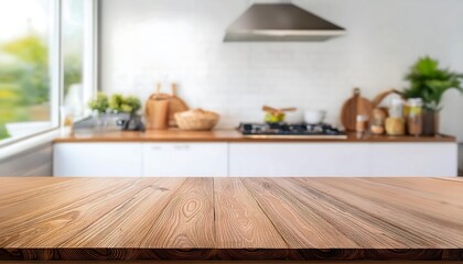 Modern kitchen interior with table and wooden design featuring elegant furniture and spacious hardwood floors in a contemporary living space