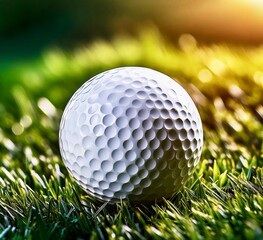 A golf ball lies on the grass against a blue sky, close-up