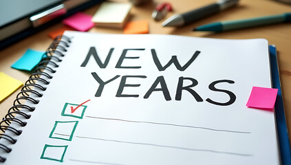 New year goals planned out with text notes and business management tools organized on a cluttered notepad desk._00002_