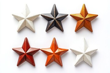 Obraz premium Rustic wooden stars in various colors including white, brown, and orange arranged on a white background, ideal for decorative illustrations and rustic-themed advertisements.
