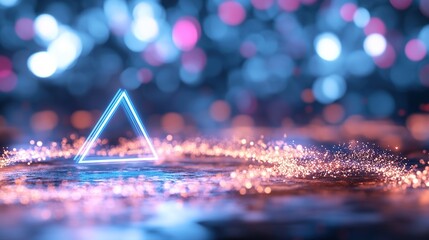 A glowing triangle surrounded by sparkling particles on a blurred background.