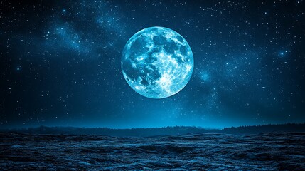 Celestial Blue Moon Over A Dark Landscape
