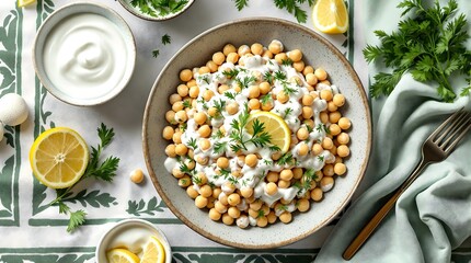 Shivit No’xat Salat Creamy Yogurt Chickpea Salad with Lemon and Fresh Dill (Tajikistan Cuisine)
