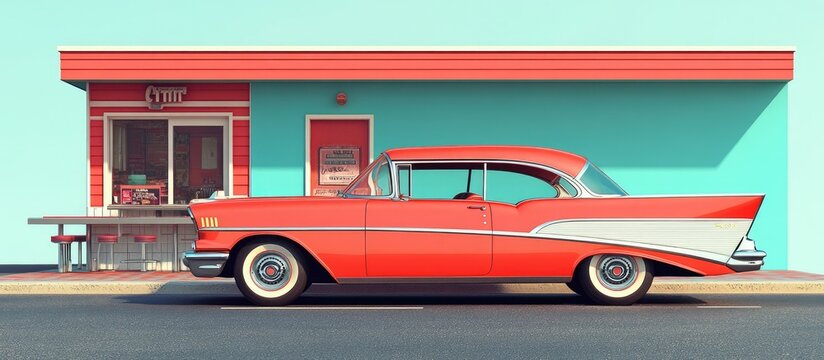Classic red car parked by a retro diner.