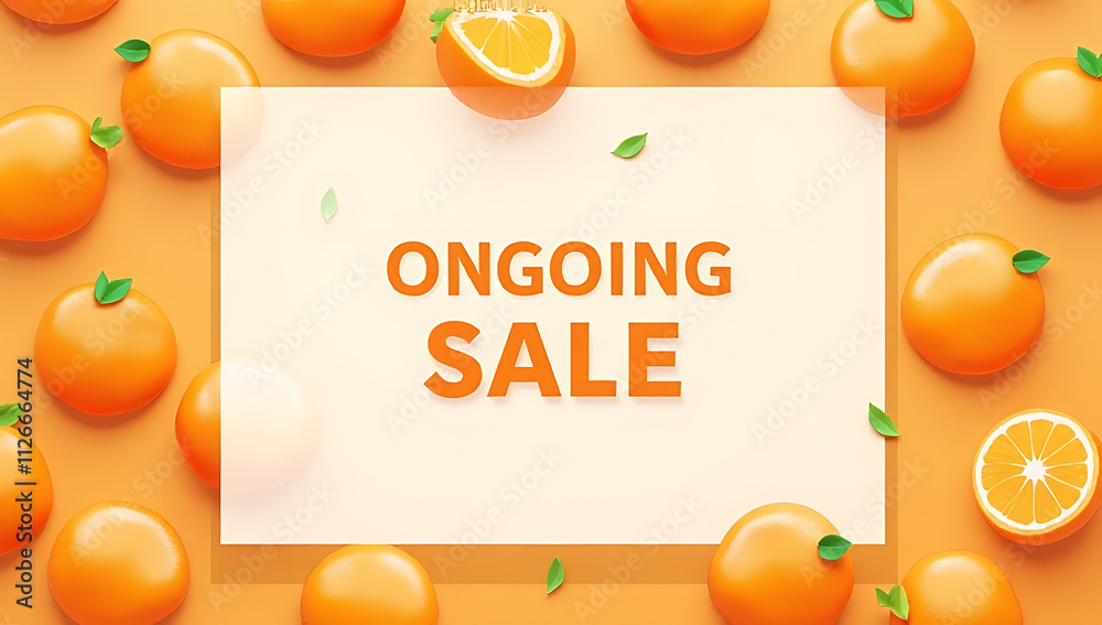 Aufkleber Orange fruit pattern displayed on a background with a frame template, featuring text announcing an ongoing sale in bold letters._00001_