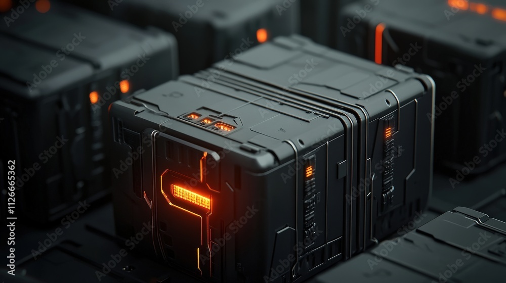 Poster futuristic black storage boxes with glowing orange lights, close-up view of sci-fi technology and in