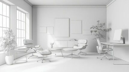 Minimalist white room interior design with furniture, plants, and large window.