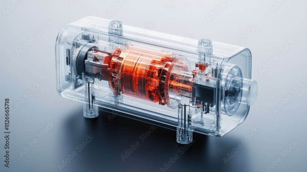 Poster transparent mechanical assembly with luminous core showcasing intricate design, engineering marvel, 