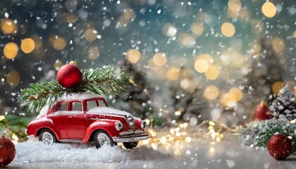 Charming Christmas Invitation Card Background Featuring a Snowy Scene with a Festive Red Toy Car, Perfect for Holiday Celebrations and Seasonal Gatherings