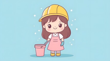 Kawaii-style cartoon mascot of a cleaning lady in pink apron and yellow safety hat, holding mop and bucket. Cheerful chibi character design with sparkle effects on pastel blue background.