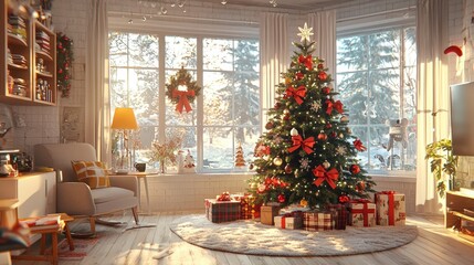 Cozy Living Room Decorated for Christmas with a Beautifully Adorned Tree Surrounded by Gifts and Warm Light Streaming Through the Windows