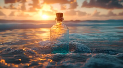 Glass bottle&nbsp;with cork floating in turquoise ocean waves during sunset. Golden&nbsp;hour creates romantic atmosphere with gentle&nbsp;ripples in crystal clear water, capturing seaside nostalgia.