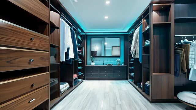 A modern wardrobe with sleek wooden shelves and drawers is highlighted under soft light, captured in a slow zoom-in motion showcasing organized fashion pieces

.