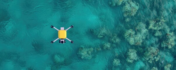 A drone hovers over clear turquoise water, revealing coral formations beneath, showcasing technology and marine beauty from an aerial perspective.