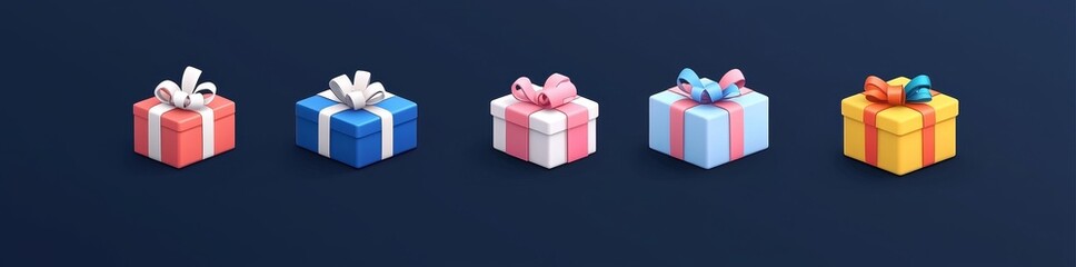 Gift box icon set for mobile game level rewards with ribbon. 2D casino achievement clipart. Challenge progress loot.