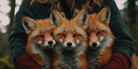 Fototapeta premium A person holds three adorable foxes in a tranquil forest setting, showcasing the beauty of wildlife and companionship.