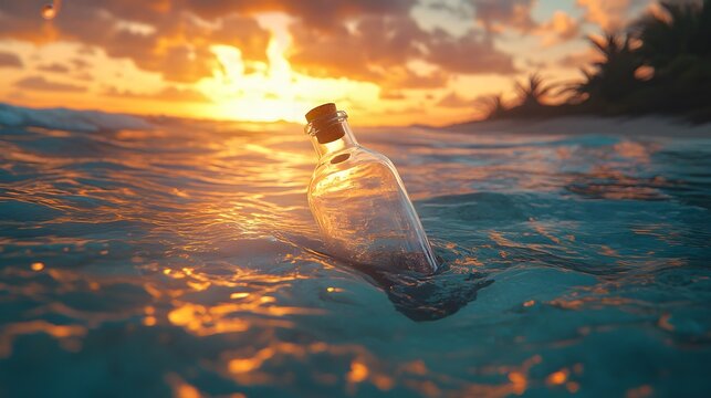 Glass bottle&nbsp;with cork floating in turquoise ocean waves during sunset. Golden&nbsp;hour creates romantic atmosphere with gentle&nbsp;ripples in crystal clear water, capturing seaside nostalgia.