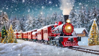 Charming Christmas Train in Santa Village Surrounded by a Magical Snowy Landscape, Perfect for Winter Seasonal Marketing Campaigns and Festive Promotions