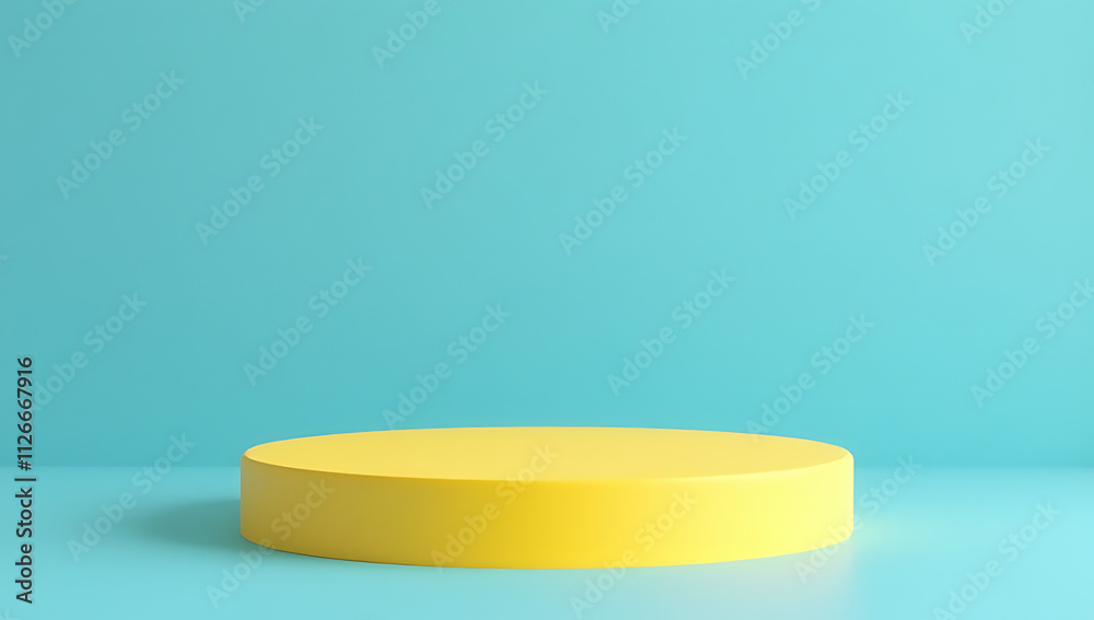 Poster simple yet striking minimalist composition features a yellow podium on a clear blue background suita