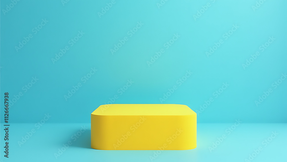 Poster simple yet striking minimalist composition features a yellow podium on a clear blue background suita