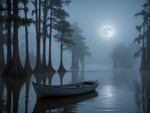 Calm boat resting by a misty swamp under a glowing moonlight at night.