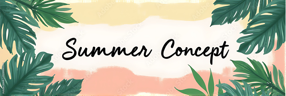 Poster summer concepts feature text on soft pastel tropical leaves against a vibrant colored background in 