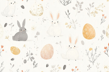 A white background with a pattern of rabbits and eggs