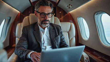 A well-dressed businessman in a suit working on his laptop inside a luxurious private jet, focused on his tasks. - Powered by Adobe