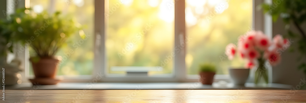 Poster tabletop features a blurred window with vibrant flowers in the morning light, ideal for product disp