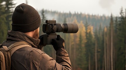 A photographer captures the beauty of nature, surrounded by trees and a distant landscape, showcasing the art of wildlife photography.
