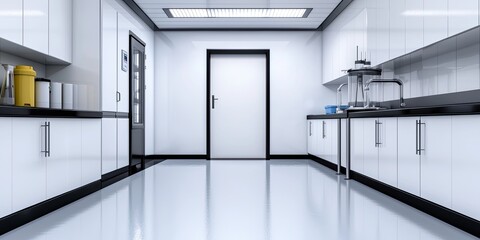 A sleek, modern kitchen featuring white cabinets, black countertops, and a polished floor, emphasizing a clean and spacious design.