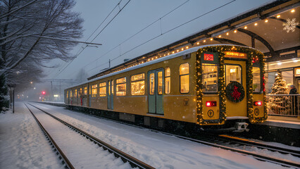 Fototapeta premium New year train falling snow background