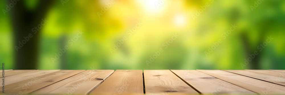 Aufkleber the selective focus is on a wooden table top surrounded by a blurred green of a tree in a sunny morn
