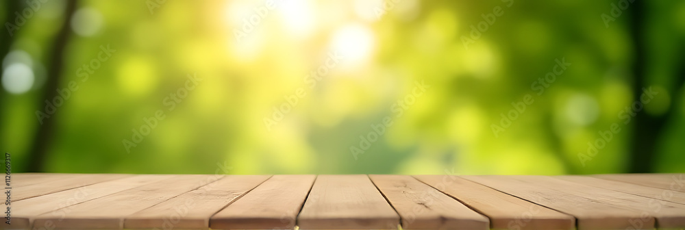 Aufkleber the selective focus is on a wooden table top surrounded by a blurred green of a tree in a sunny morn