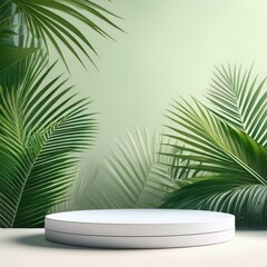 Fototapeta premium Generated Timeless Serenity: White Pedestals Framed by Palm Leaves