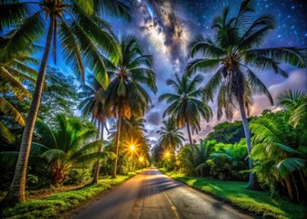 Fototapeta premium Night Photography: Tropical Village Road, Lush Foliage, Dark Sky, Starry Night, Palm Trees, Moonlight, Rural Scene, Illuminated Path, Nighttime Village, Tropical Night, Village Road at Night