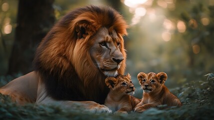 Obraz premium Lion&nbsp;family portrait featuring majestic male, lioness and cubs in misty forest setting. Golden hour light&nbsp;illuminates intimate moment among emerald foliage in mystical atmosphere.
