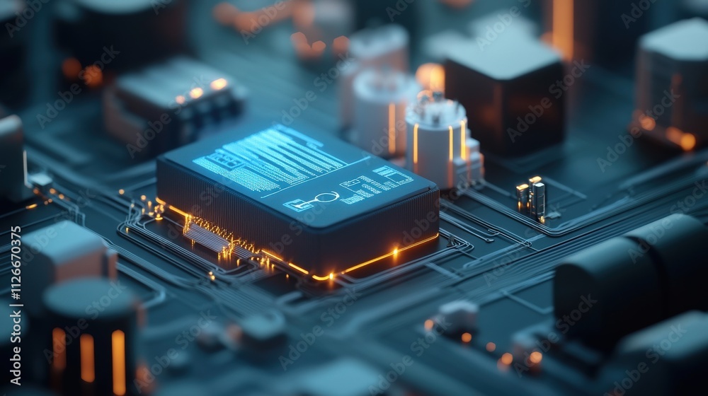Aufkleber Close-up View of a High-Tech Circuit Board Featuring a Microchip Surrounded by Complex Electronics in a Futuristic Setting with Glowing Components