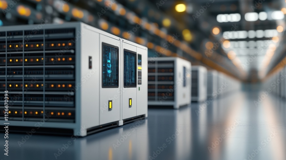 Aufkleber Modern Data Center with High-Tech Server Rack Units Illuminated by LED Lights in a Spacious Facility Designed for Efficient Data Management and Storage Solutions