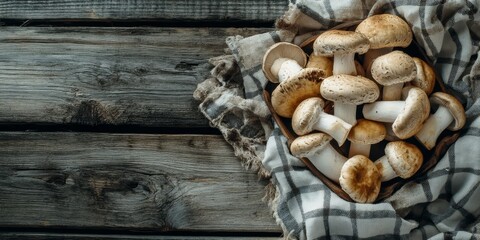 Cooking and harvest concept featuring a variety of edible mushrooms displayed on a kitchen towel, creating a rustic ambiance against a wooden background for culinary inspiration.